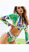Load image into Gallery viewer, STAND COLLAR ZIPPER TOP AND BIKINI BOTTOM 3-PIECE SET