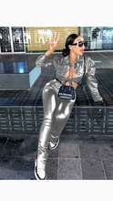 Load image into Gallery viewer, Solid color lapel PU blouse and pants 2piece set
