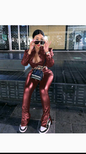 Load image into Gallery viewer, Solid color lapel PU blouse and pants 2piece set
