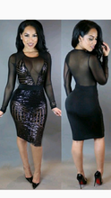 Load image into Gallery viewer, SEE THROUGH MESH PATCHWORK LONG SLEEVE SEQUINS BODYCON DRESS
