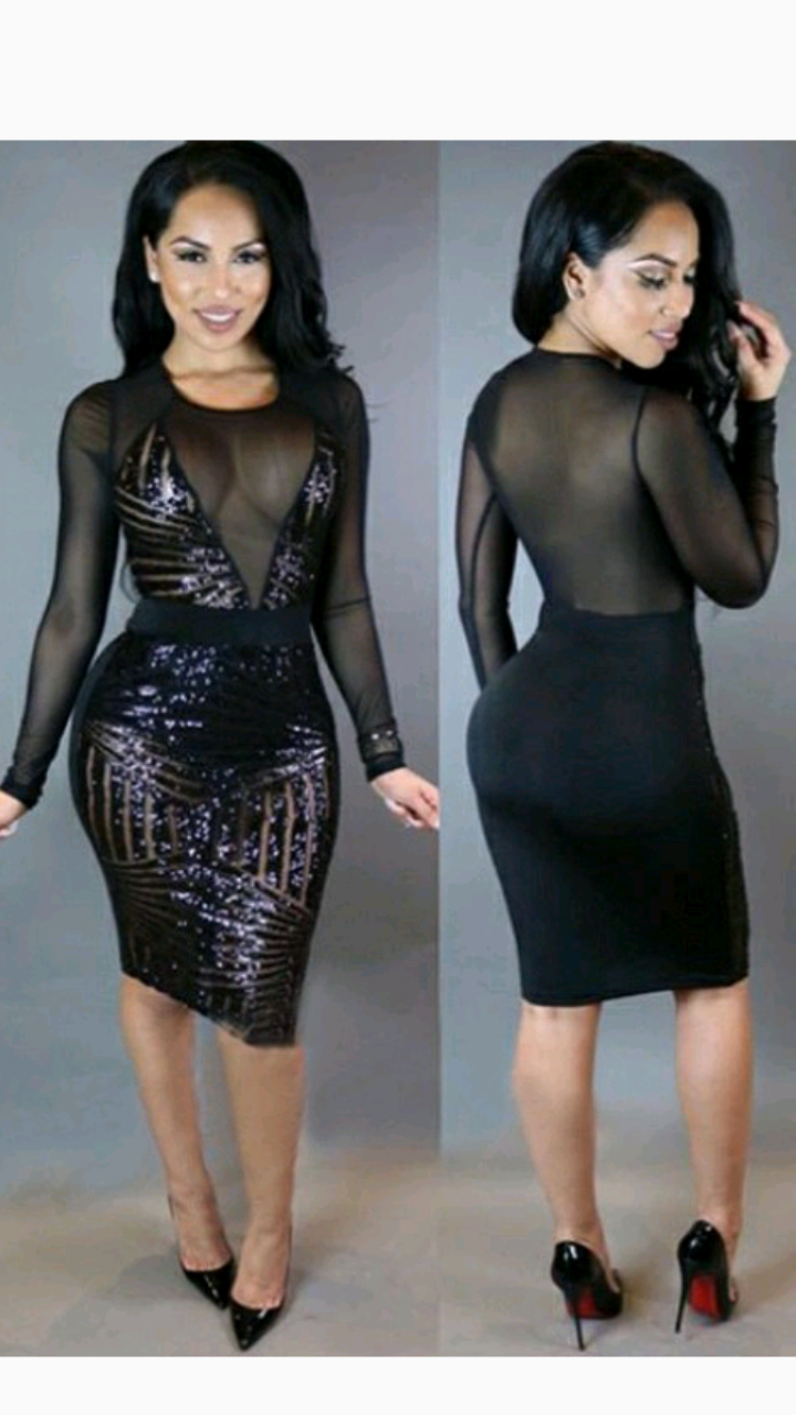 SEE THROUGH MESH PATCHWORK LONG SLEEVE SEQUINS BODYCON DRESS