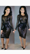 Load image into Gallery viewer, SEE THROUGH MESH PATCHWORK LONG SLEEVE SEQUINS BODYCON DRESS
