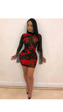 Load image into Gallery viewer, MESH SEE THROUGH GRAFFITI DECOR PRINT BODYCON DRESS WITH TASSLES
