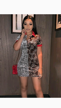 Load image into Gallery viewer, V-NECK ZEBRA/LEOPARD ANIMAL PRINT PATCHWORK SHORT SLEEVE BODYCON DRESS
