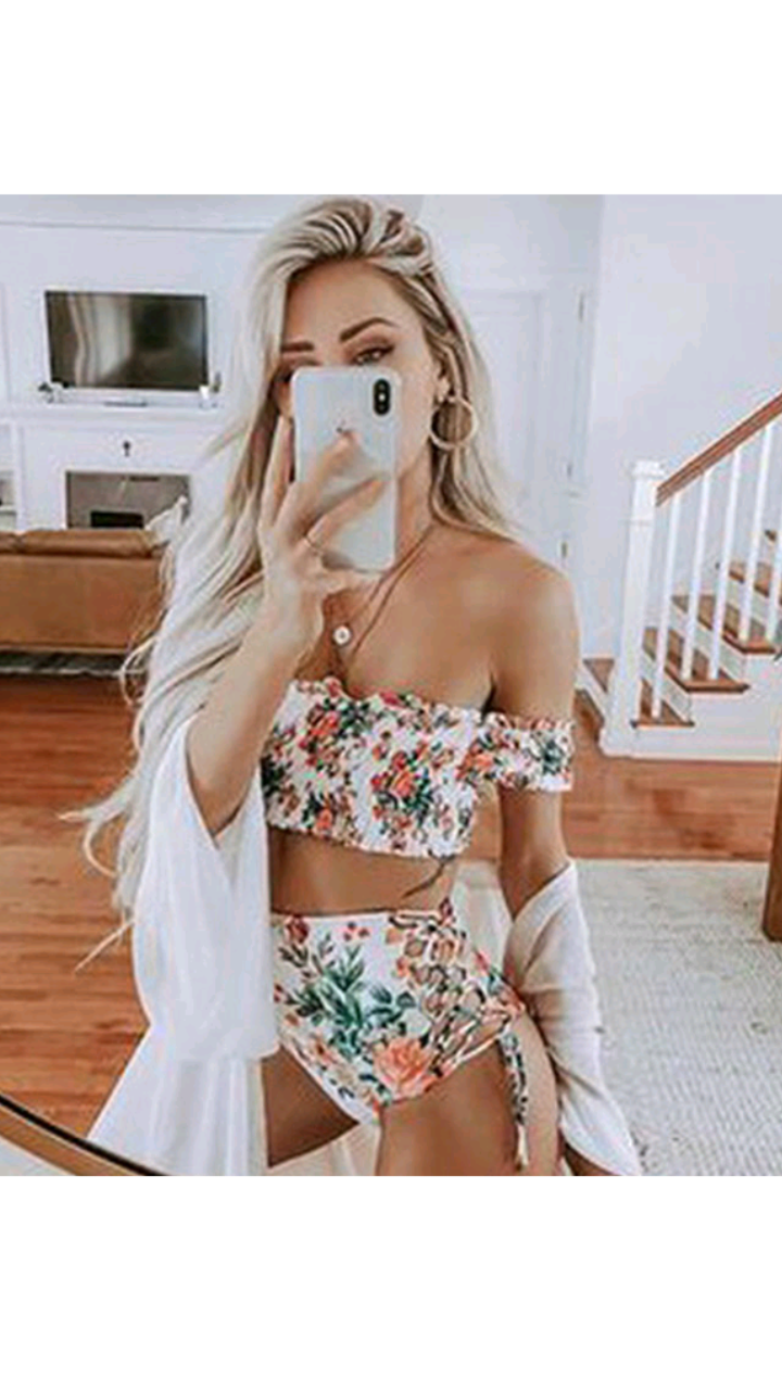 OFF THE SHOULDER FLORAL PRINT TOP&HIGH WAISTED BANDAGE 2-PIECE SET