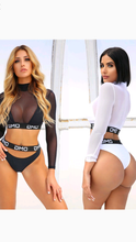 Load image into Gallery viewer, LETTER PRINT MESH LONG SLEEVE 3-PIECE BIKINI SET
