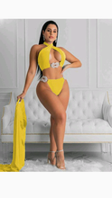 Load image into Gallery viewer, CUT OUT HALTER NECK SIDE-SLIT 3-PIECE SWIMSUIT SET
