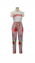 Load image into Gallery viewer, GRAPHIC PRINT SHORT SLEEVE TOP WITH FLORAL PRINT STRIPED PANTS
