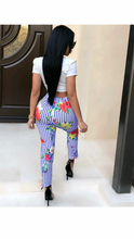 Load image into Gallery viewer, GRAPHIC PRINT SHORT SLEEVE TOP WITH FLORAL PRINT STRIPED PANTS
