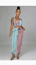 Load image into Gallery viewer, COLOR BLOCKING PATCHWORK TOP AND DRAWSTRING WAIST PANTS 2-PIECE SET
