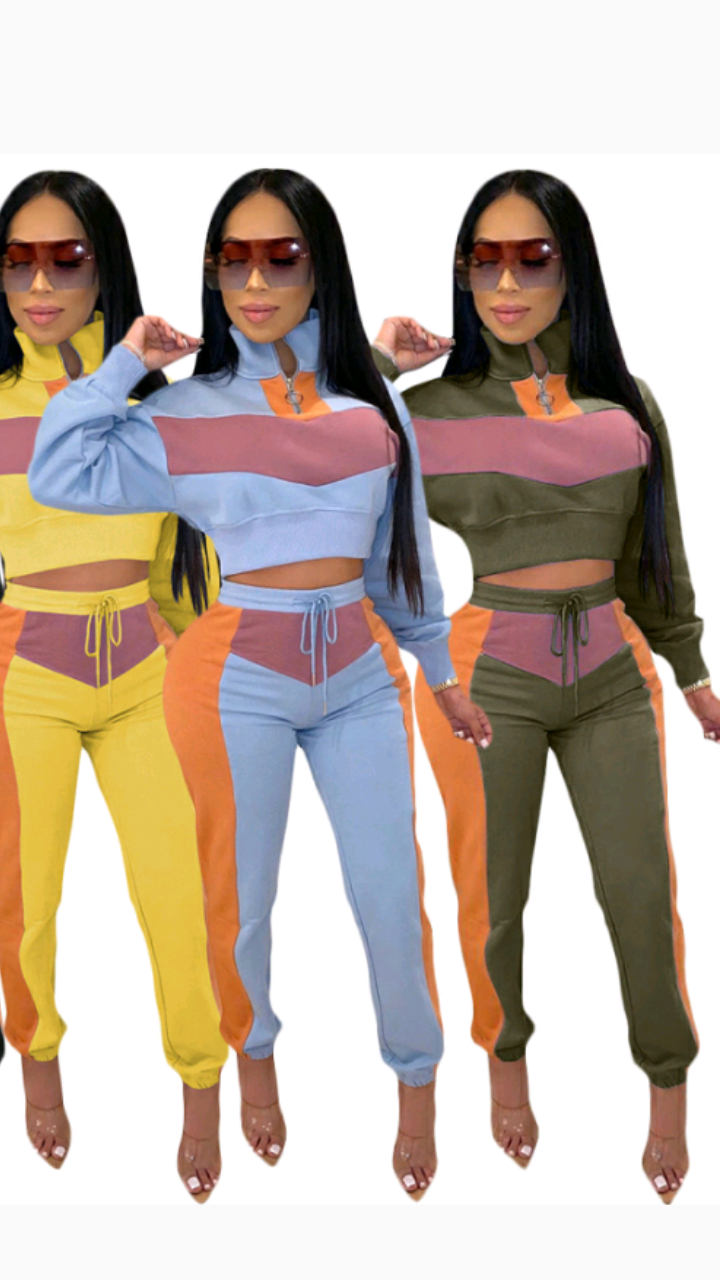 PATCHWORK ZIPPER SHORT TOP 2-PIECE SET WITH PANTS