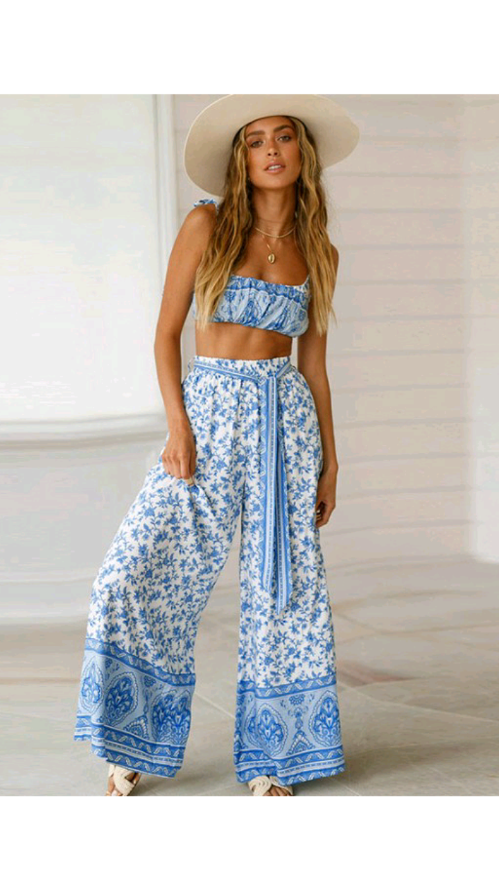 FLORAL PRINT LACE UP SLING TUBE TOP AND WIDE PANTS 2-PIECE SET