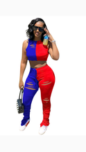 Load image into Gallery viewer, COLOR BLOCKING RIPPED TOP AND PANTS 2-PIECE SET
