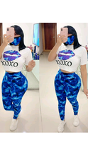 Load image into Gallery viewer, ROUND NECK COLLAR LIPS PRINTED TEE AND FLORAL PANTS 2-PIECE SET WITH MASK
