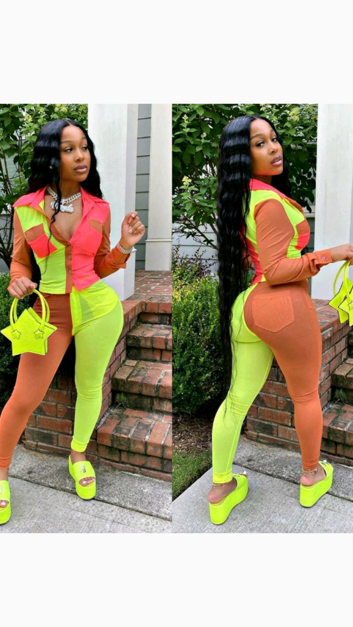 LAPEL SINGLE-BREASTED PATCHWORK TOP AND BOTTOM PANTS 2-PIECE SET