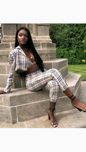 Load image into Gallery viewer, TUBE TOP LAPEL SHORT COAT WITH MATCHING PLAID DESIGN PANTS 3-PIECE SET
