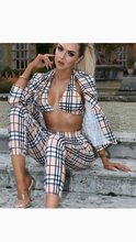 Load image into Gallery viewer, TUBE TOP LAPEL SHORT COAT WITH MATCHING PLAID DESIGN PANTS 3-PIECE SET
