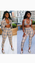 Load image into Gallery viewer, TUBE TOP LAPEL SHORT COAT WITH MATCHING PLAID DESIGN PANTS 3-PIECE SET
