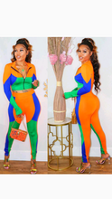 Load image into Gallery viewer, COLOR BLOCKING ZIPPER CROP TOP AND PANTS 2-PIECE SET

