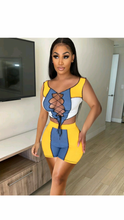 Load image into Gallery viewer, COLOR BLOCKING LACE-UP CROP TOP AND SHORTS 2-PIECE SET
