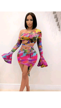 Load image into Gallery viewer, OBLIQUE SHOULDER GRAPHIC PRINT FLARE SLEEVE TOP AND SKIRT 2-PIECE SET
