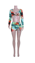 Load image into Gallery viewer, GRAPHIC PRINT LONG SLEEVE CROP TOP AND SKIRT 2-PIECE SET
