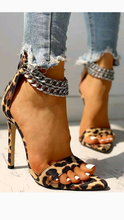 Load image into Gallery viewer, METAL CHAIN BUCKLE ANKLE STRAP ANIMAL PRINT HEELS
