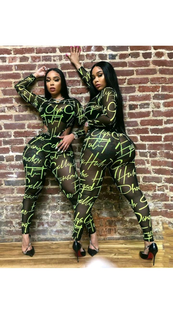 ROUND NECKLINE LONG-SLEEVE LETTER PRINT SEE-THROUGH MESH 2-PIECE SET