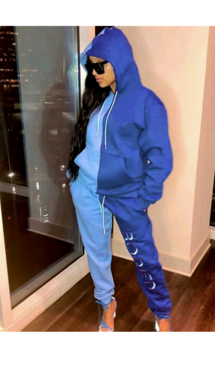 CASUAL COLOR BLOCKING HOODED TOP AND PANTS 2-PIECE SET
