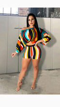 Load image into Gallery viewer, MULTI-COLOR STRIPES PRINT OFF-SHOULDER PUFF SLEEVE CROPPED TOP SHORTS SET

