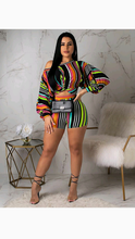 Load image into Gallery viewer, MULTI-COLOR STRIPES PRINT OFF-SHOULDER PUFF SLEEVE CROPPED TOP SHORTS SET
