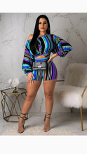 Load image into Gallery viewer, MULTI-COLOR STRIPES PRINT OFF-SHOULDER PUFF SLEEVE CROPPED TOP SHORTS SET
