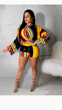 Load image into Gallery viewer, MULTI-COLOR STRIPES PRINT OFF-SHOULDER PUFF SLEEVE CROPPED TOP SHORTS SET
