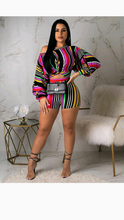 Load image into Gallery viewer, MULTI-COLOR STRIPES PRINT OFF-SHOULDER PUFF SLEEVE CROPPED TOP SHORTS SET

