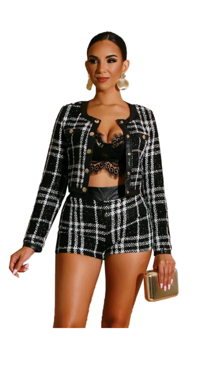 PLAID PATTERN CROPPED CARDIGAN SHORTS 2-PIECE SET