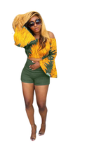 Load image into Gallery viewer, OFF-SHOULDER FLARE LONGSLEEVE TYE-DYE TOP AND SHORTS 2-PIECE SET
