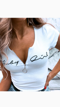 Load image into Gallery viewer, ROUND NECK ZIPPER LETTER EMBROIDERY SHORT SLEEVE T-SHIRT
