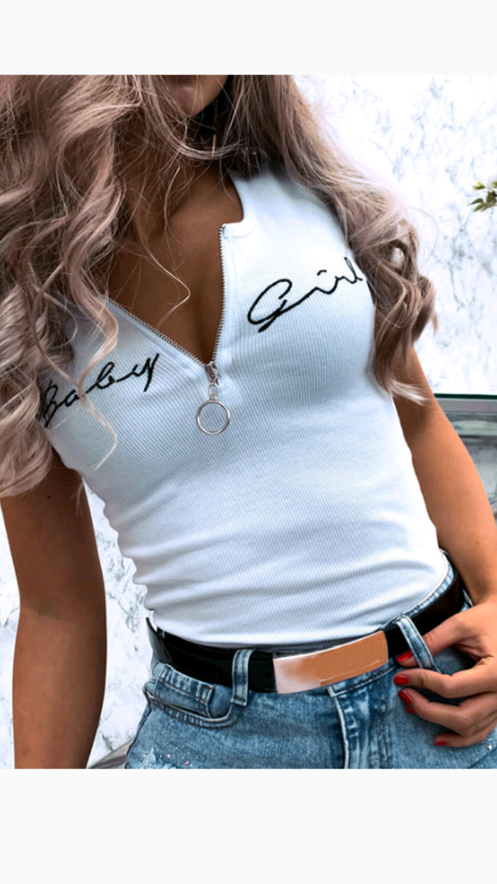 ROUND NECK ZIPPER LETTER EMBROIDERY SHORT SLEEVE T-SHIRT