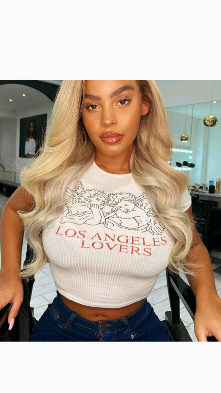 ROUND NECKLINE SHORT-SLEEVE ANGEL PRINT CROP TOP TEE