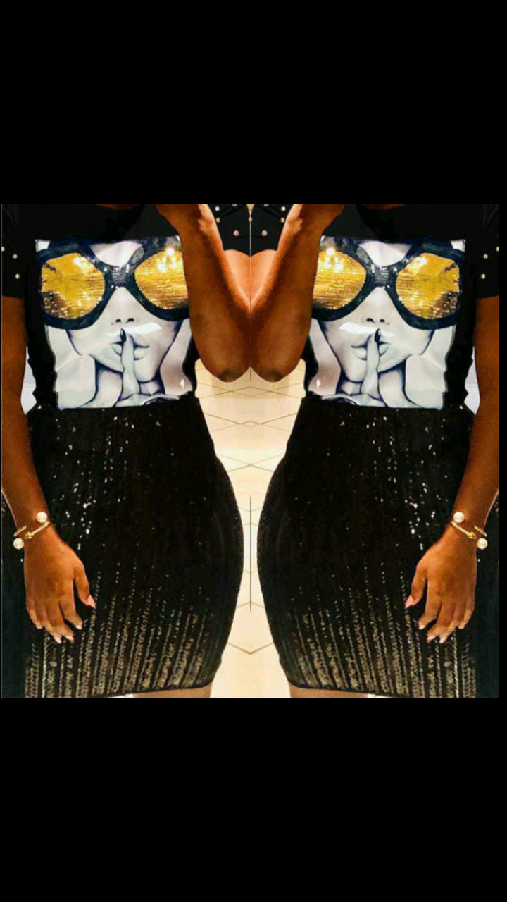 SEQUIN PATCHWORK PORTRAIT PRINTING T-SHIRT