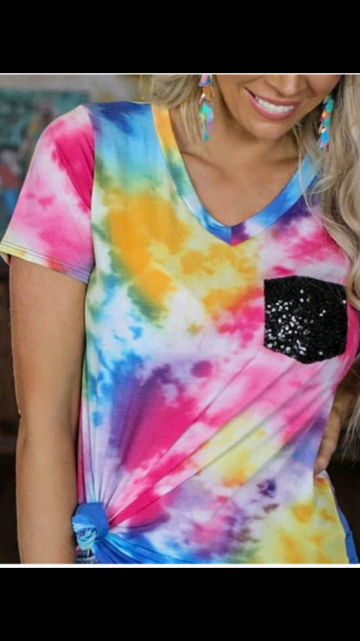 CASUAL TYE-DYE COLOR BLOCK T-SHIRT