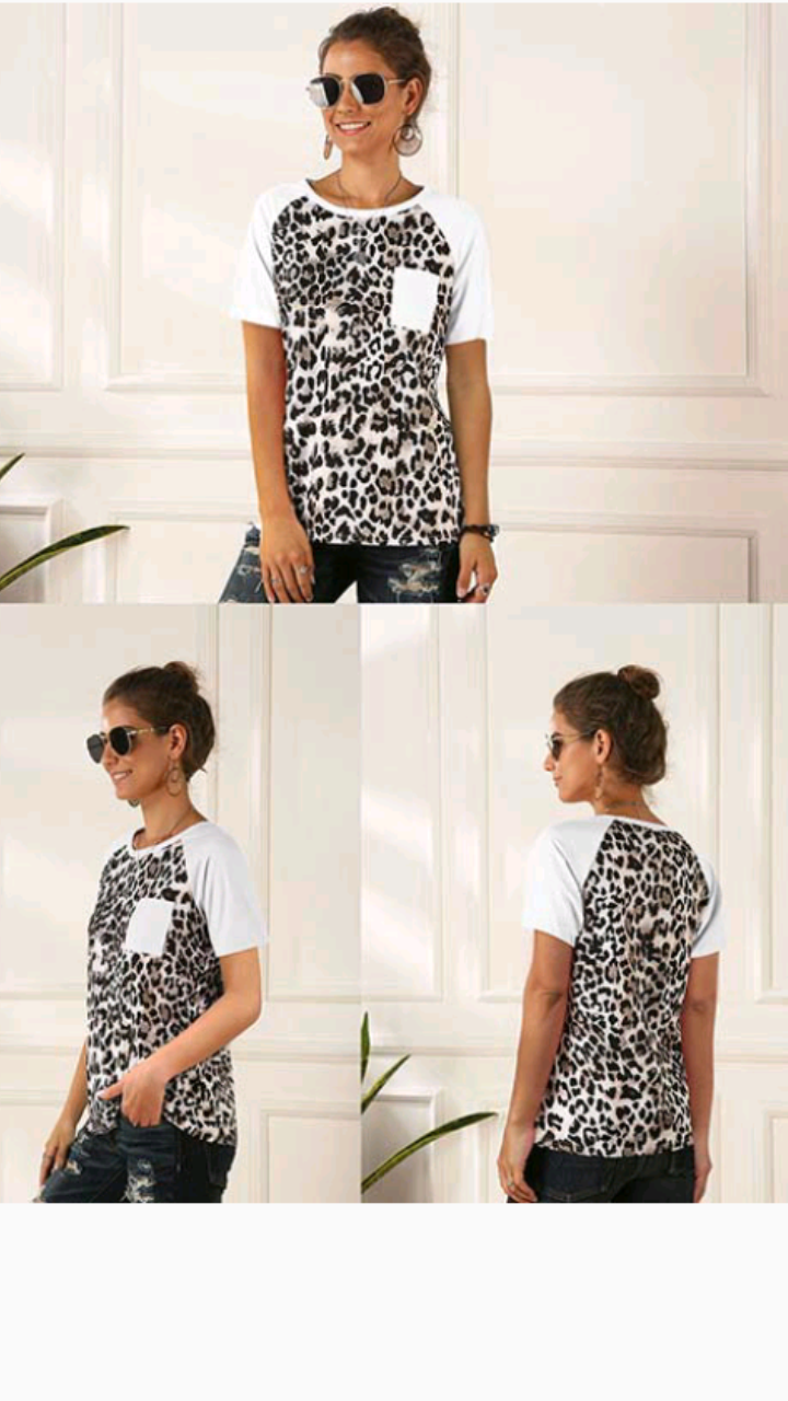 ROUND COLLAR LEOPARD PATTERN PATCHWORK T-SHIRT