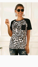 Load image into Gallery viewer, ROUND COLLAR LEOPARD PATTERN PATCHWORK T-SHIRT
