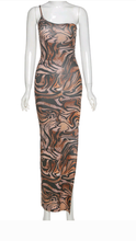 Load image into Gallery viewer, SEXY TIGER PRINT SLEEVELESS ONE SHOULDER SPLIT MAXI DRESS
