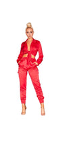 Load image into Gallery viewer, SOLID COLOR SATIN FABRIC WOMEN LONG SLEEVE CROPPED TOP JOGGER PANTS 2-PIECE SET
