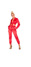 Load image into Gallery viewer, SOLID COLOR SATIN FABRIC WOMEN LONG SLEEVE CROPPED TOP JOGGER PANTS 2-PIECE SET
